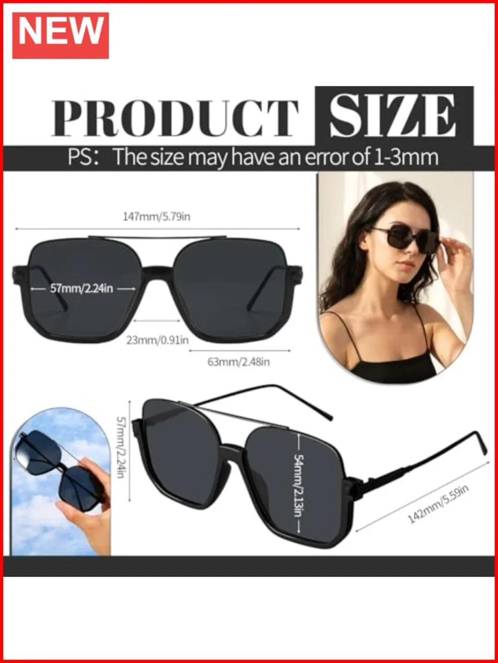 Oversized Aviator Sunglasses Double Bridge Square Retro UV Protection 2 Pack